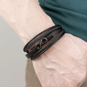 Personalised Men's Infinity Black Leather Stacked Bracelet