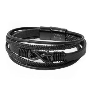 Personalised Men's Infinity Black Leather Stacked Bracelet