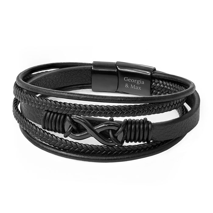 Personalised Men's Infinity Black Leather Stacked Bracelet