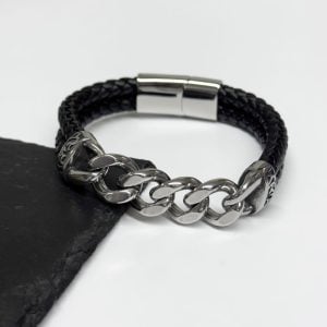 Engraved Men's Stainless Steel & Leather Chain Bracelet