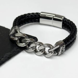 Engraved Men's Stainless Steel & Leather Chain Bracelet