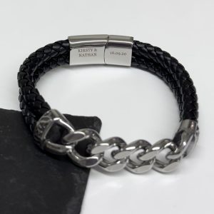 Engraved Men's Stainless Steel & Leather Chain Bracelet