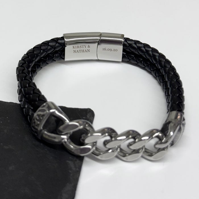 Engraved Men's Stainless Steel & Leather Chain Bracelet