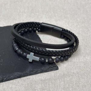 Personalised Men's Beaded and Stacked Leather Cross Bracelet