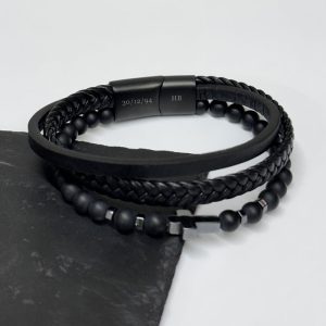 Personalised Men's Beaded and Stacked Leather Cross Bracelet