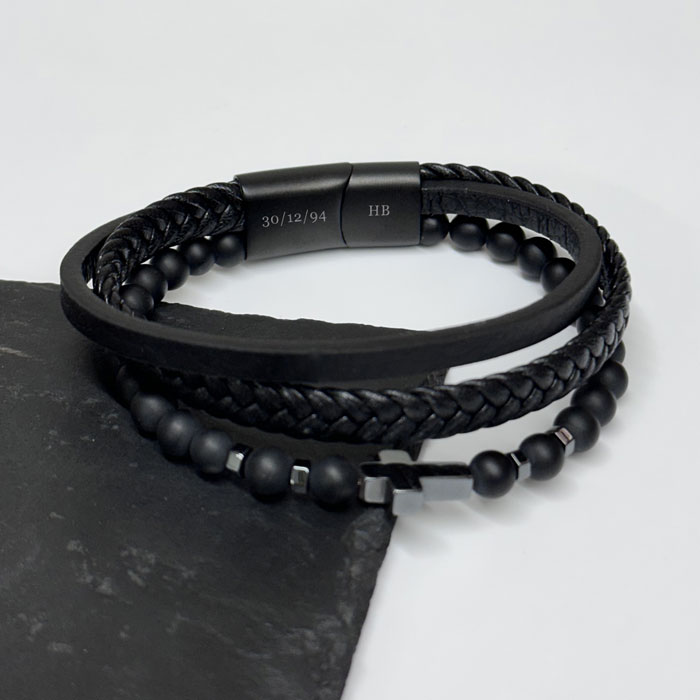 Personalised Men's Beaded and Stacked Leather Cross Bracelet