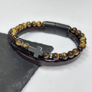 Personalised Men's Dual Tigers Eye & Leather Cross Bracelet