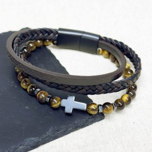Personalised Men's Dual Tigers Eye & Leather Cross Bracelet