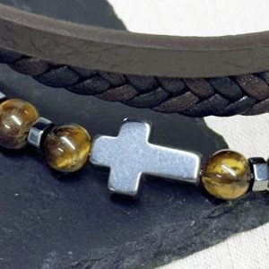 Personalised Men's Dual Tigers Eye & Leather Cross Bracelet