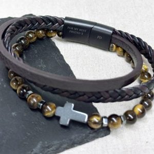 Personalised Men's Dual Tigers Eye & Leather Cross Bracelet