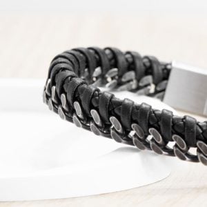 Personalised Mens Woven Leather and Stainless Steel Bracelet