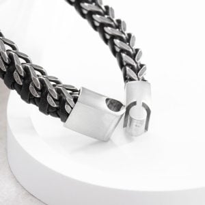 Personalised Mens Woven Leather and Stainless Steel Bracelet