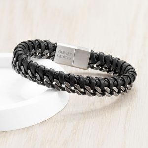Personalised Mens Woven Leather and Stainless Steel Bracelet