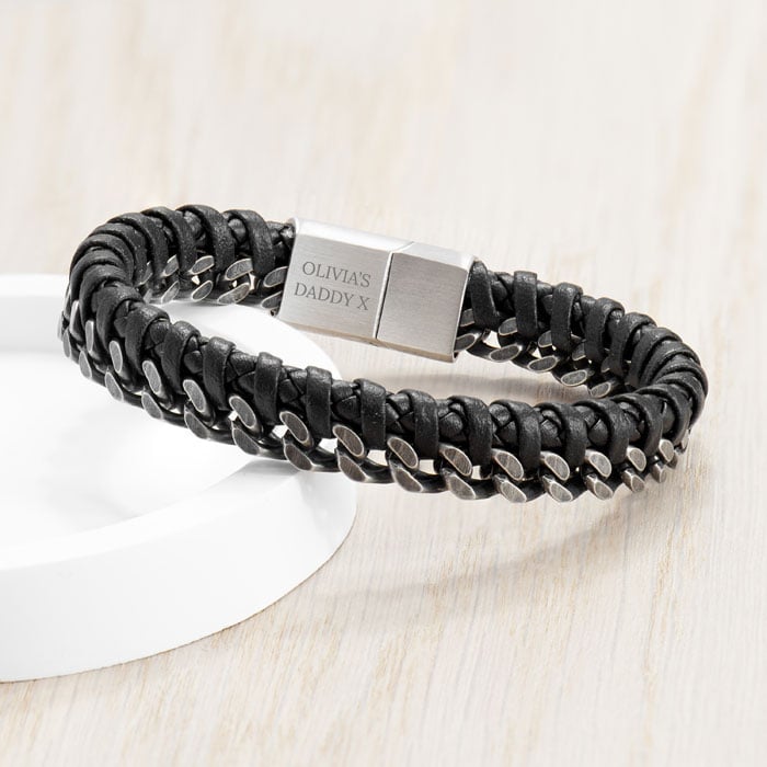Personalised Mens Woven Leather and Stainless Steel Bracelet