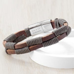 Personalised Men's Brown Leather Twisted Cord Bracelet