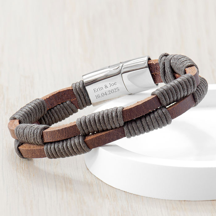 Personalised Men's Brown Leather Twisted Cord Bracelet