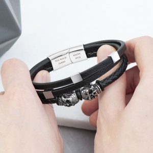 Personalised Men's Skulls Leather Rope Bracelet