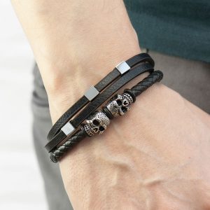 Personalised Men's Skulls Leather Rope Bracelet
