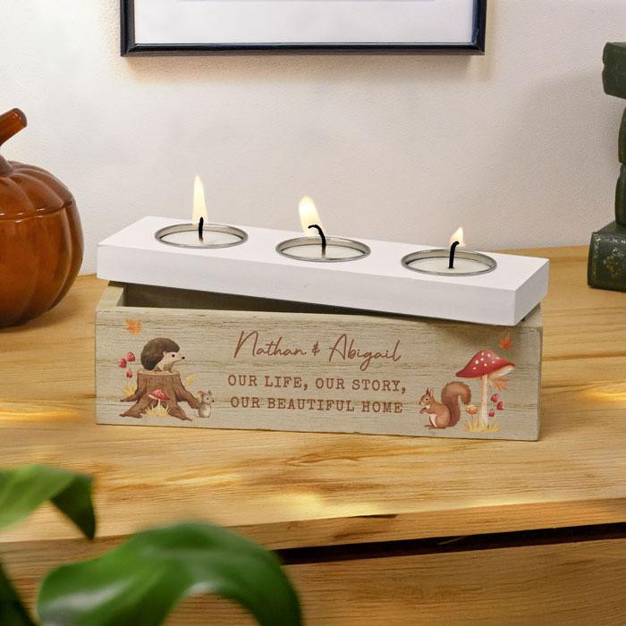 Personalised Autumn Triple Tea Light Box Candle Holder
