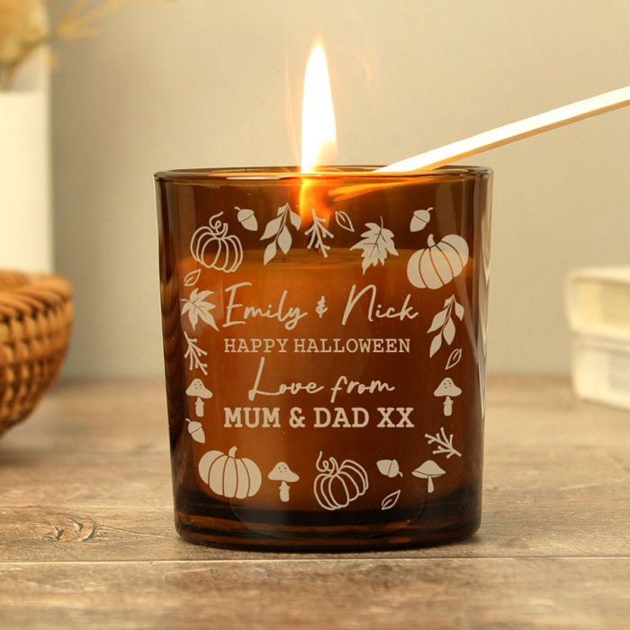 Personalised Pumpkins Amber Glass Candle - Halloween Gift