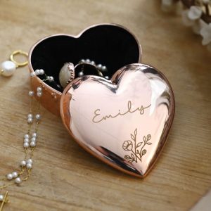 Personalised Engraved Floral Rose Gold Heart Trinket Box