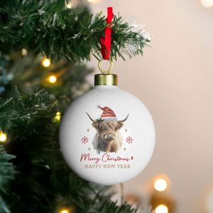 Personalised Highland Cow Ceramic Christmas Tree Bauble