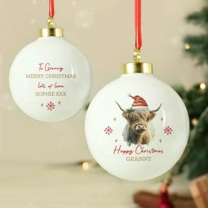 Personalised Highland Cow Ceramic Christmas Tree Bauble