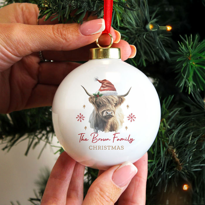 Personalised Highland Cow Ceramic Christmas Tree Bauble