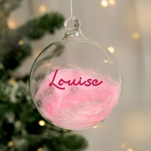 Baby Girl's Personalised Pink Feather Christmas Tree Bauble