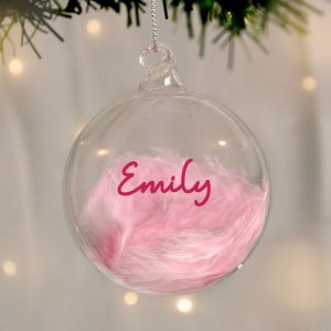 Baby Girl's Personalised Pink Feather Christmas Tree Bauble