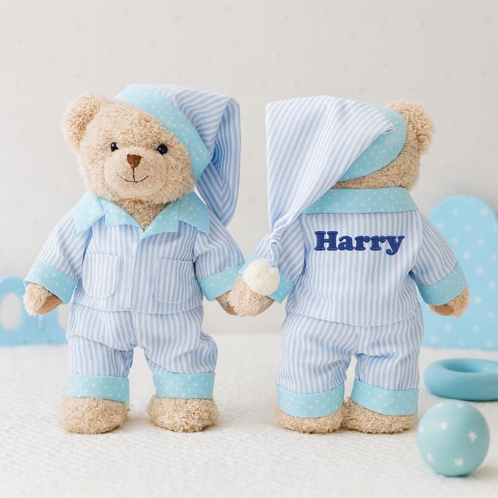 Boy's Personalised Embroidered Teddy Bear in Blue Pyjamas