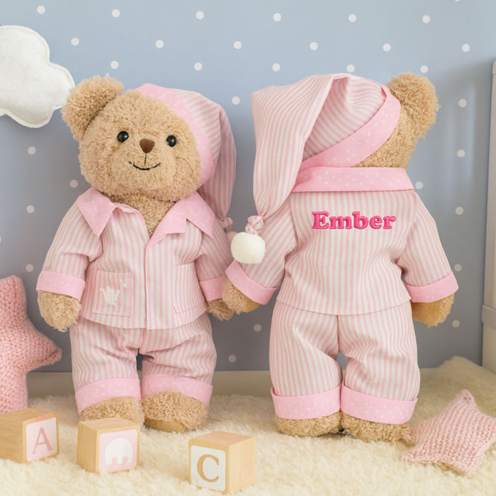 Girl's Personalised Embroidered Teddy Bear in Pink Pyjamas