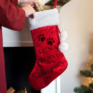 Personalised Santa Paws Christmas Red Stocking Cat or Dog