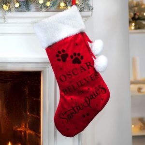 Personalised Santa Paws Christmas Red Stocking Cat or Dog