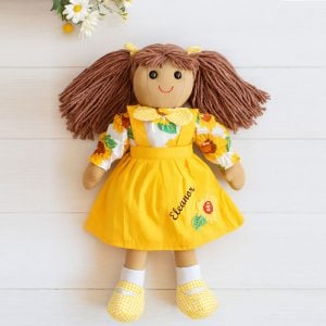 Personalised Rag Doll With Brown Hair in Yellow Dress