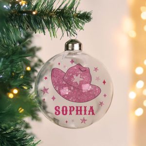 Personalised Cowgirl Hat Glass Christmas Tree Bauble