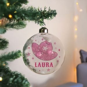 Personalised Cowgirl Hat Glass Christmas Tree Bauble