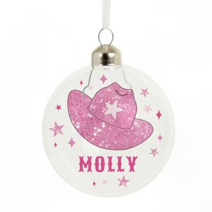 Personalised Cowgirl Hat Glass Christmas Tree Bauble