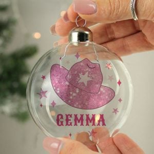 Personalised Cowgirl Hat Glass Christmas Tree Bauble
