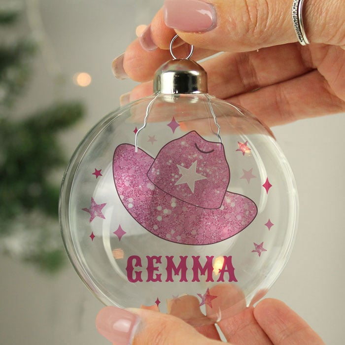 Personalised Cowgirl Hat Glass Christmas Tree Bauble