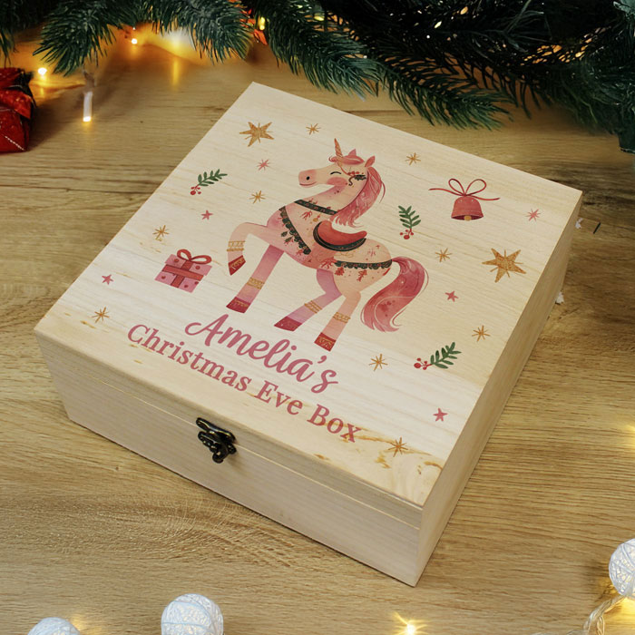 Girl's Personalised Unicorn Wooden Christmas Eve Box