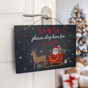 Kid's Personalised Santa Stop Here Slate Christmas Sign