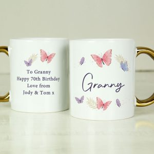 Personalised Butterfly Gold Handled Mug Birthday Mothers Day