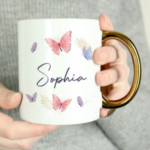 Personalised Butterfly Gold Handled Mug Birthday Mothers Day