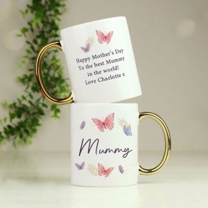 Personalised Butterfly Gold Handled Mug Birthday Mothers Day