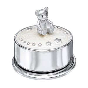 Engraved D For Diamond Silver Plated Teddy Bear Music Box