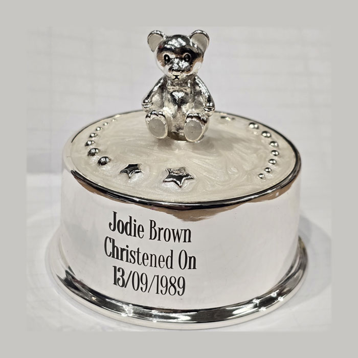 Engraved D For Diamond Silver Plated Teddy Bear Music Box