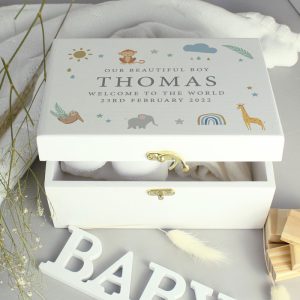 Personalised Safari Animals White Wooden Baby Keepsake Box