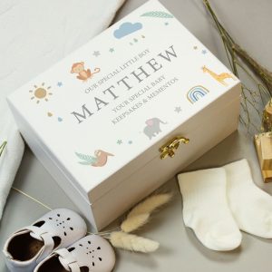 Personalised Safari Animals White Wooden Baby Keepsake Box