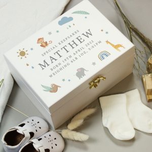Personalised Safari Animals White Wooden Baby Keepsake Box